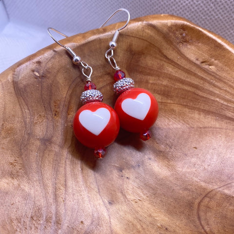 Red Ball Dangle with white Hearts Earrings