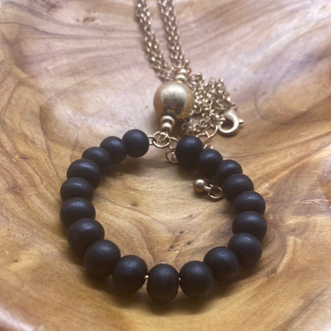 Black Wood Round Bead Long Necklace