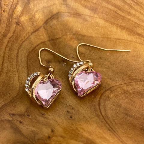 Baby Doll Pink Heart Earrings with Rhinestone Accents