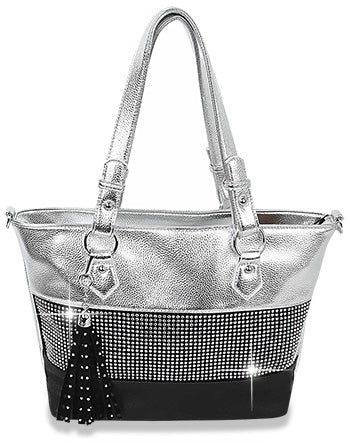 Faux Leather Rhinestone Banded Tote Bag Purse Silver