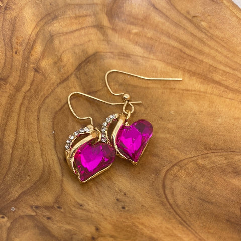 Fuschia  Pink Heart Earrings with Rhinestone Accents