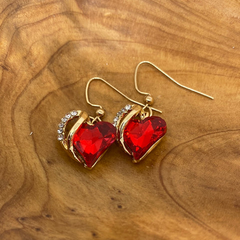 Red Heart Earrings with Rhinestone Accents