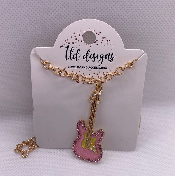 Pink Gold Rhinestone Guitar Faux Pearl Necklace