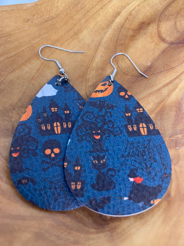 Halloween Blue Base Black Mansion Orange Pumpkin Earrings