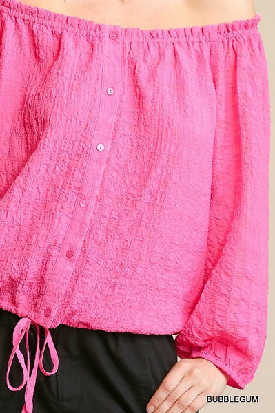 Seersucker Button Down and Off Shoulder Top with Drawstring Waist Shirt Pink