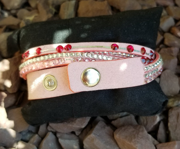 Leather And Rhinestone Pink Wrap Bracelet