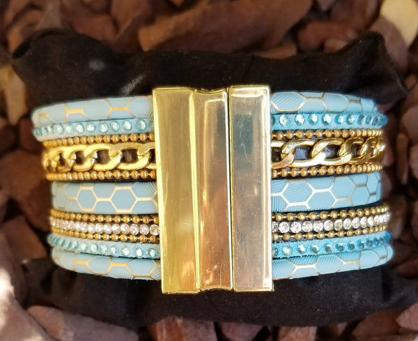 Faux Leather Cuff Multi Strand Blue Wrap Bracelet