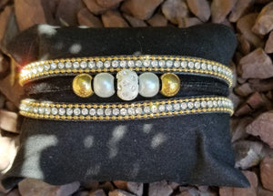 Faux Leather Cuff Black And Rhinestone Multi Strand Wrap Bracelet
