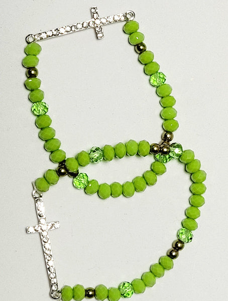 Rhinestone Cross Green Stretch Bead Bracelet