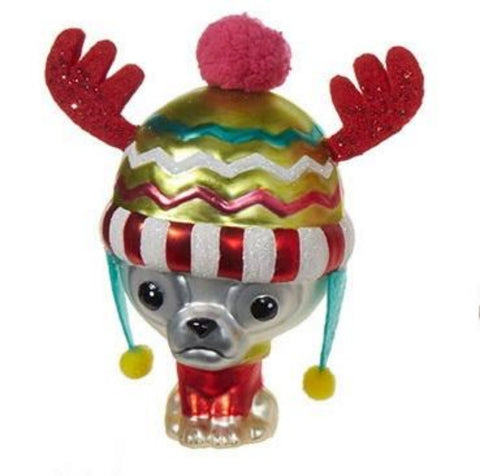 Chihuahua Reindeer Hat Glass Dog Christmas Ornament