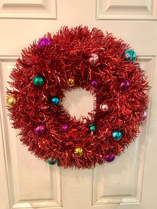 Tinsel Red Wreath 20 inches w Ornaments