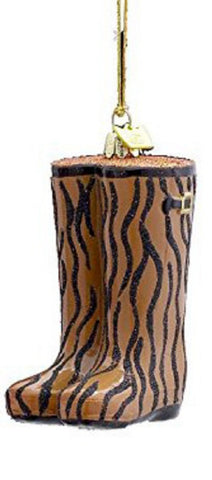 Brown Zebra Print Glitter Rain Boot Glass Ornament