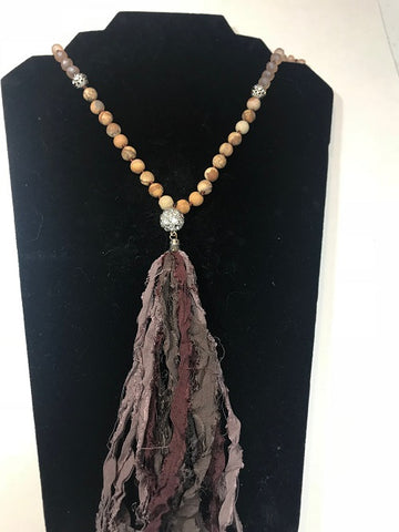 Wood Bead Brown Fabric Pave Ball Tassel Necklace