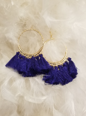 Tassel Fabric Bohemian Hoop Earrings Navy Blue