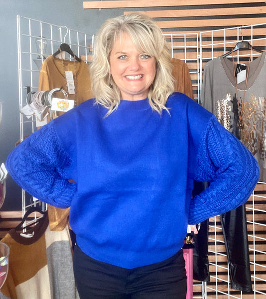 Long Sleeve Pullover Cobalt Blue Cable Detail Sleeves Sweater
