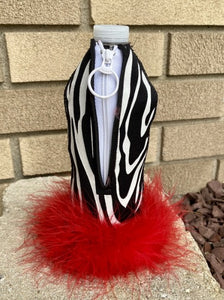 Zebra Print Bottle Cooler Coozie Maribou Trim