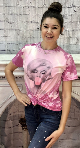 Custom Designer Inspired Marilyn Blowing a Bubble Bleach Drip Acid Wash T Shirt