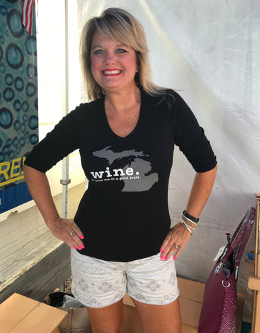 Black 3/4 Sleeve T Shirt Michigan Wine it Puts me in a Good State