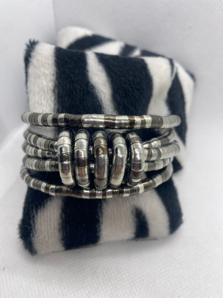 Silver Black Beaded Bangle Cuff Bracelet