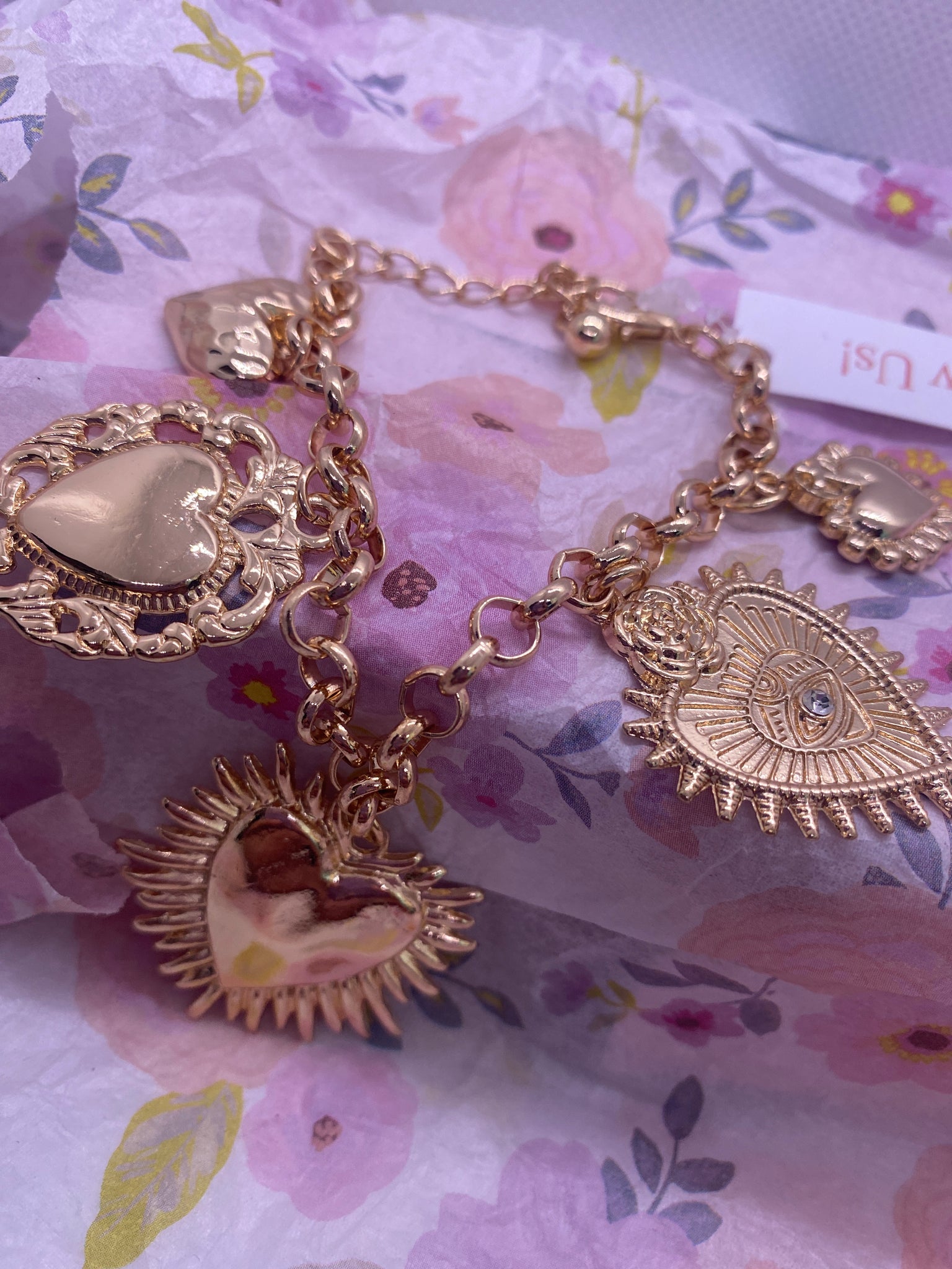 Gold Tone Heart 5 Charm Bracelet