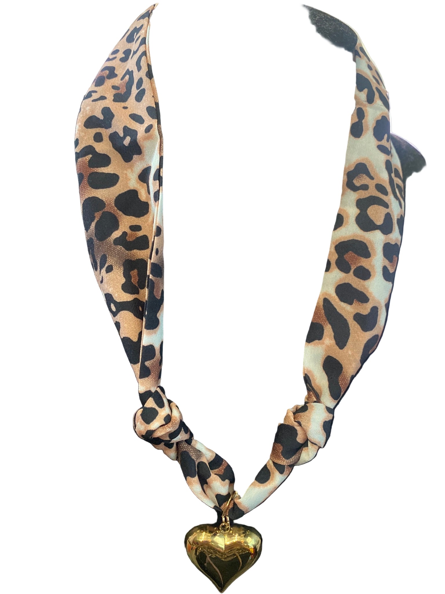 Brown Leopard Print Scarf Necklace with Heart Charm