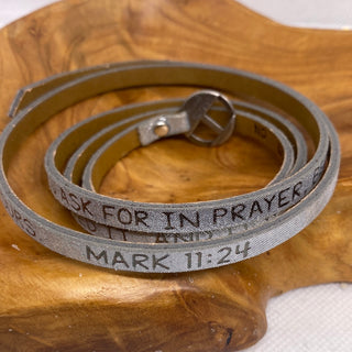 Leather Foil Stamped Inspirational  Wrap Around Mark 11:24 Bracelet Silver