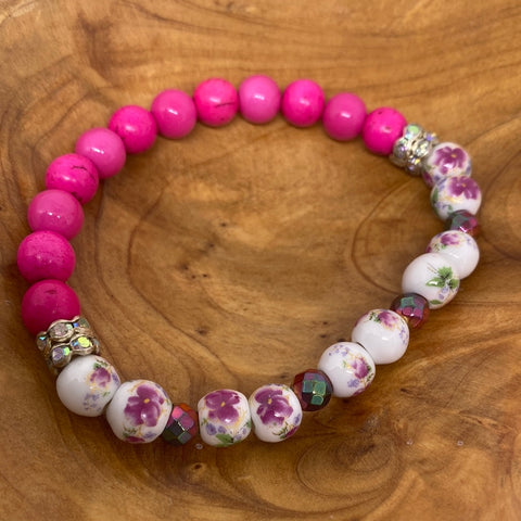 Hot Pink Fuchsia Porcelain Bead Stretch Bracelet