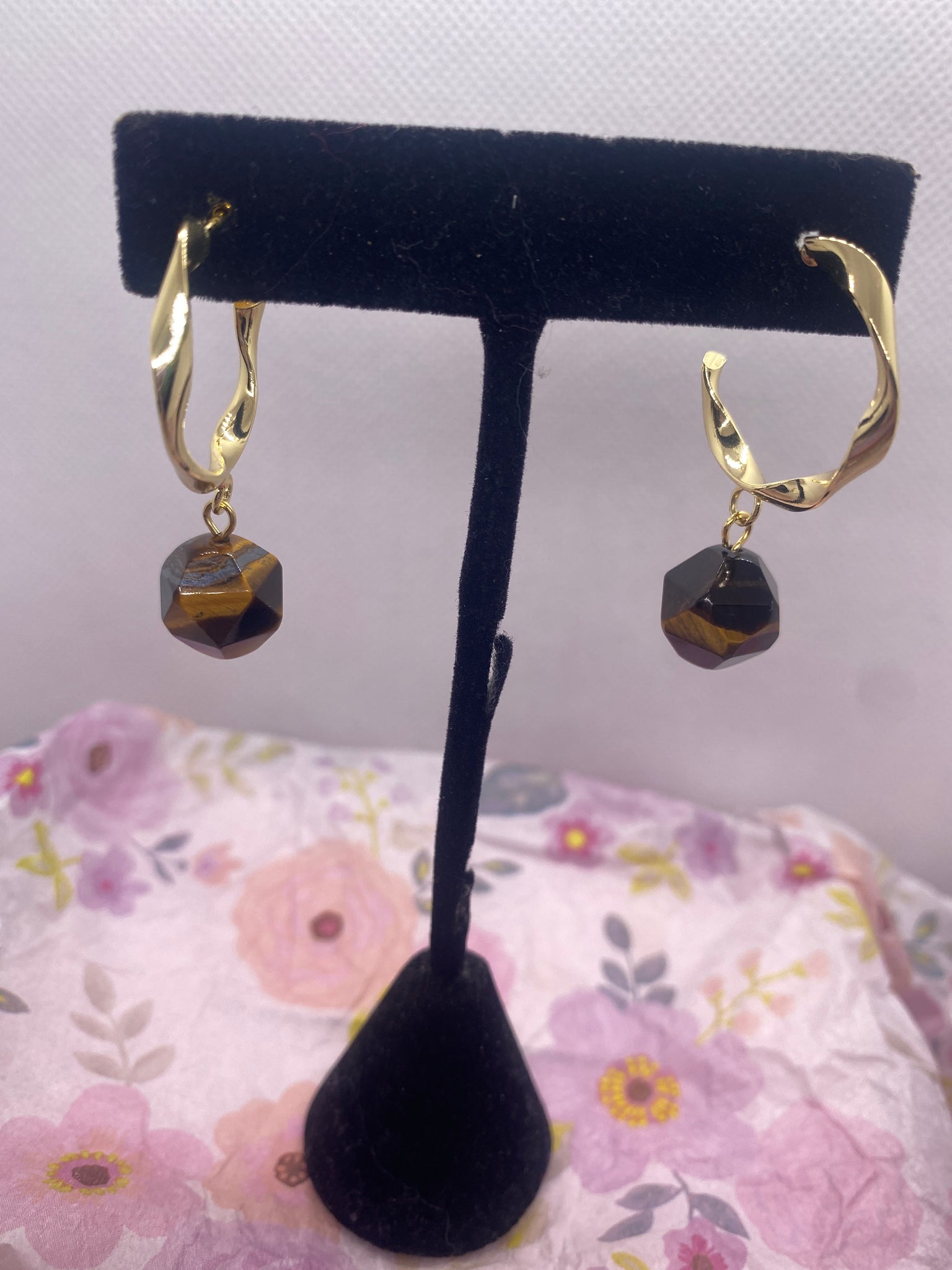 Brown Dangle on Gold Hoop Earrings