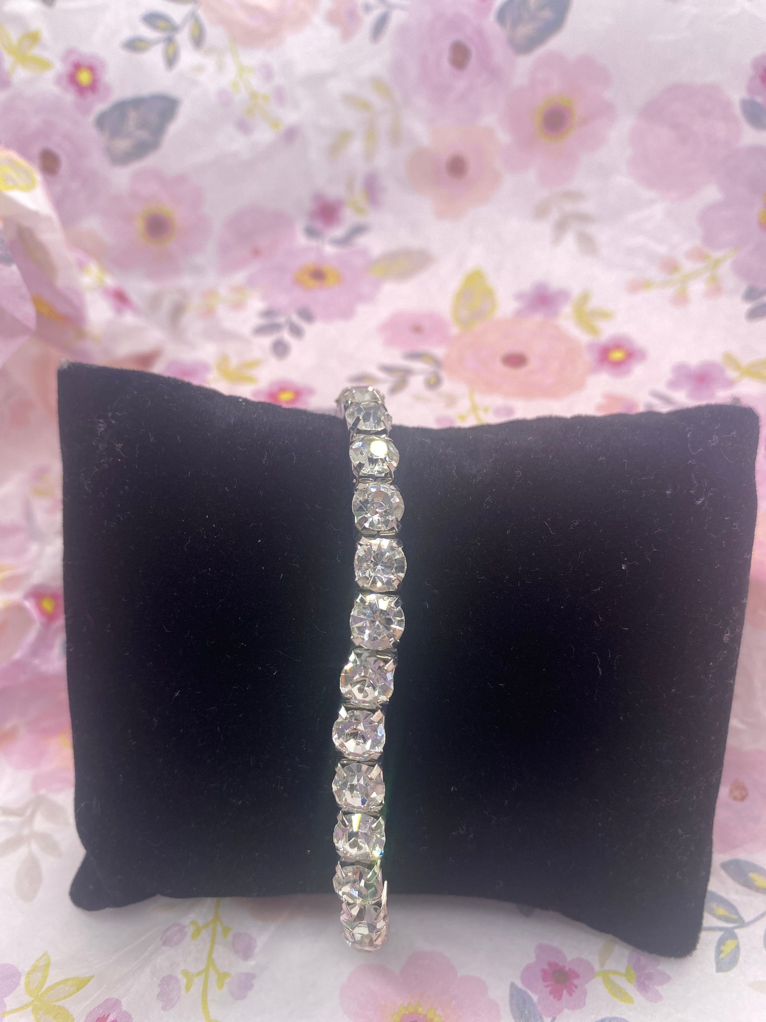 Square Silver Tone Clear Rhinestones Stretch Bracelet