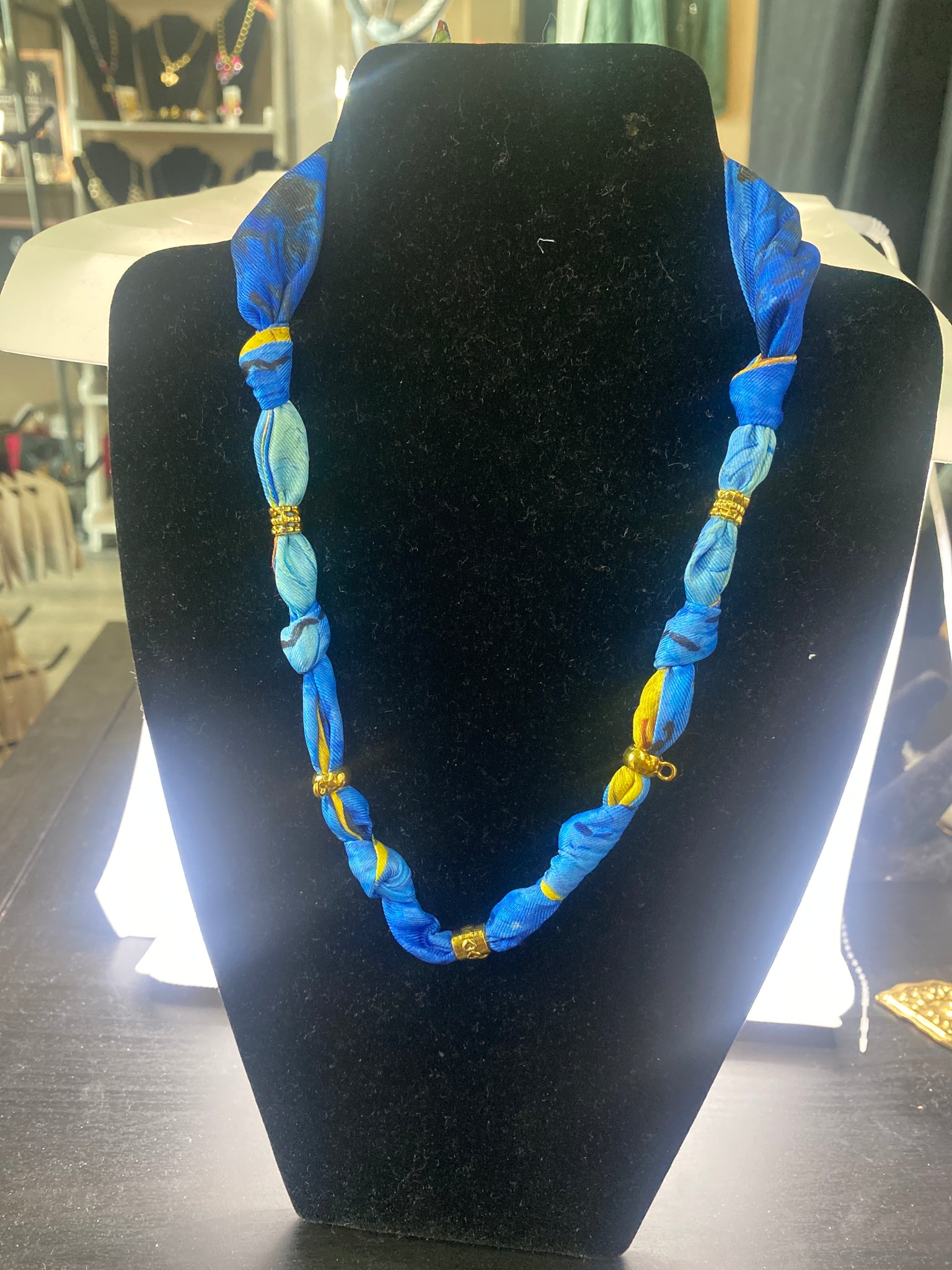 Custom Shades of Blue Scarf Necklace Five Bails