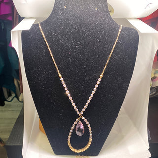 Gold Square  Beads Pink Crystal Tear drop 18 inch Necklace