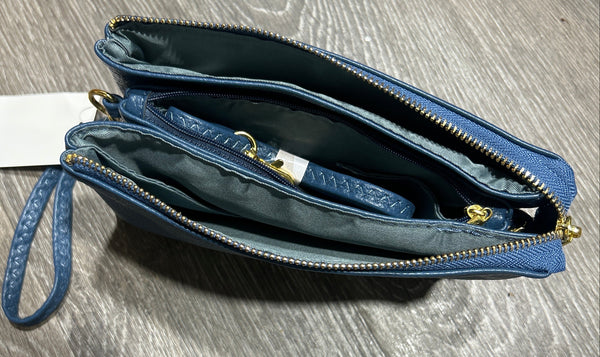 Blue wristlet purse on a wooden surface