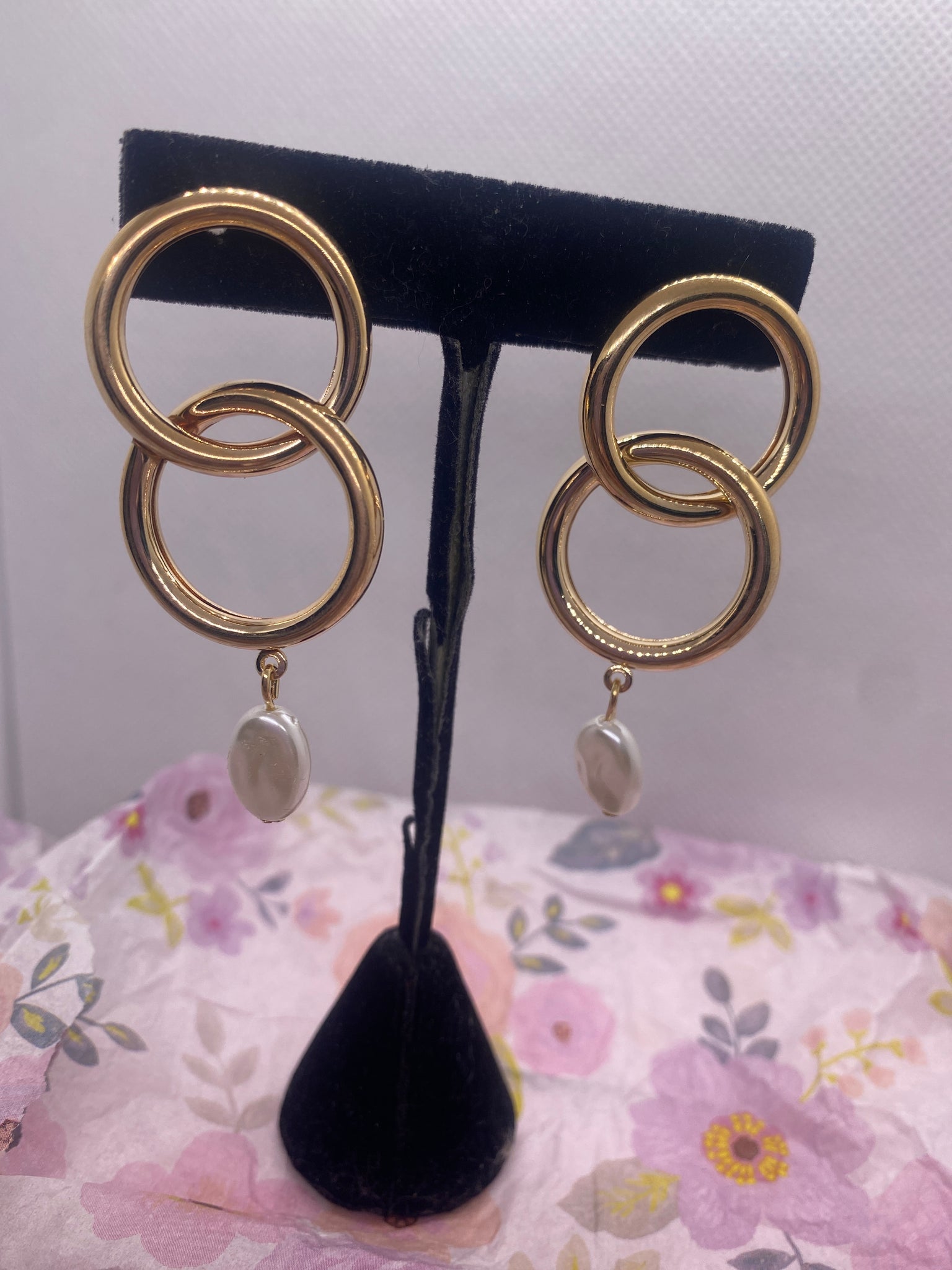 Gold Tone Double Hoop Earrings Faux Pearl Dangles