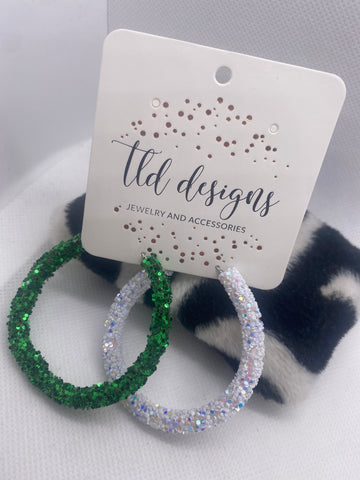 Green White Lightweight Glitter Hoop Earrings