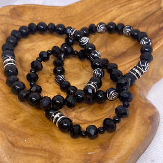 Set of Three Black Silver Stretch Bead Bracelets