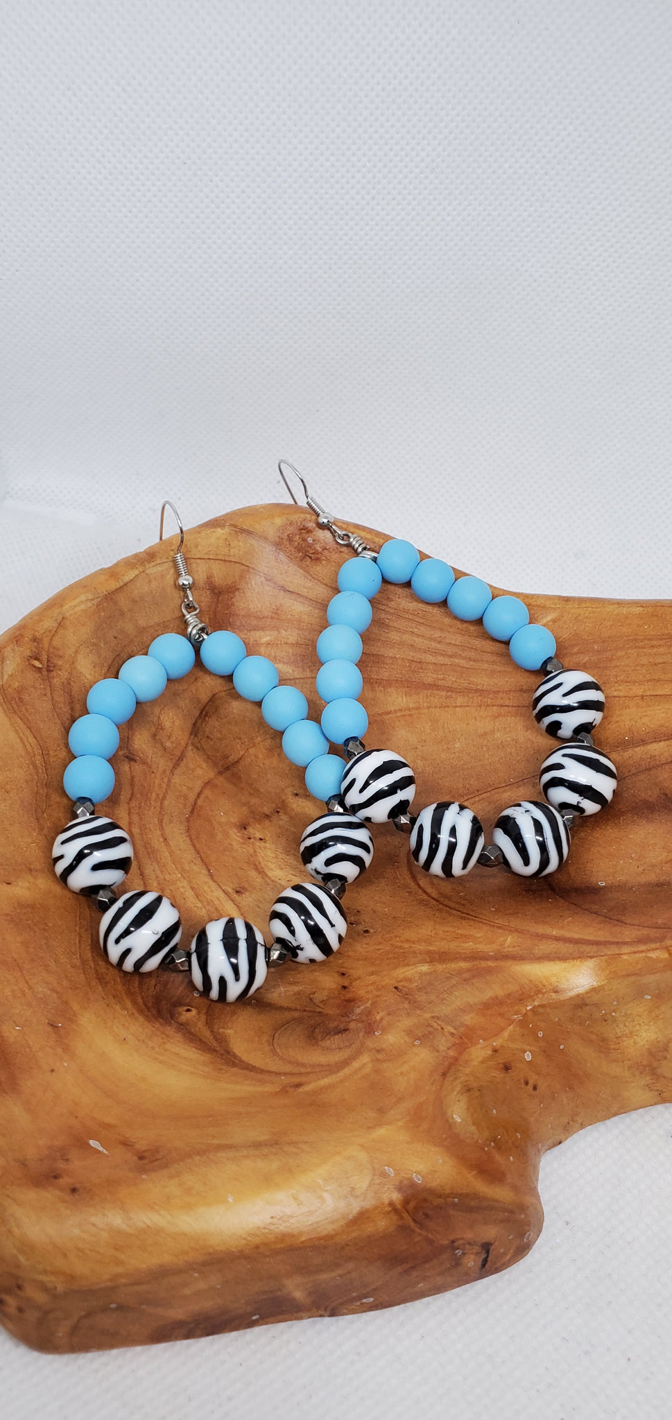 Beaded Blue Zebra Loop Earrings
