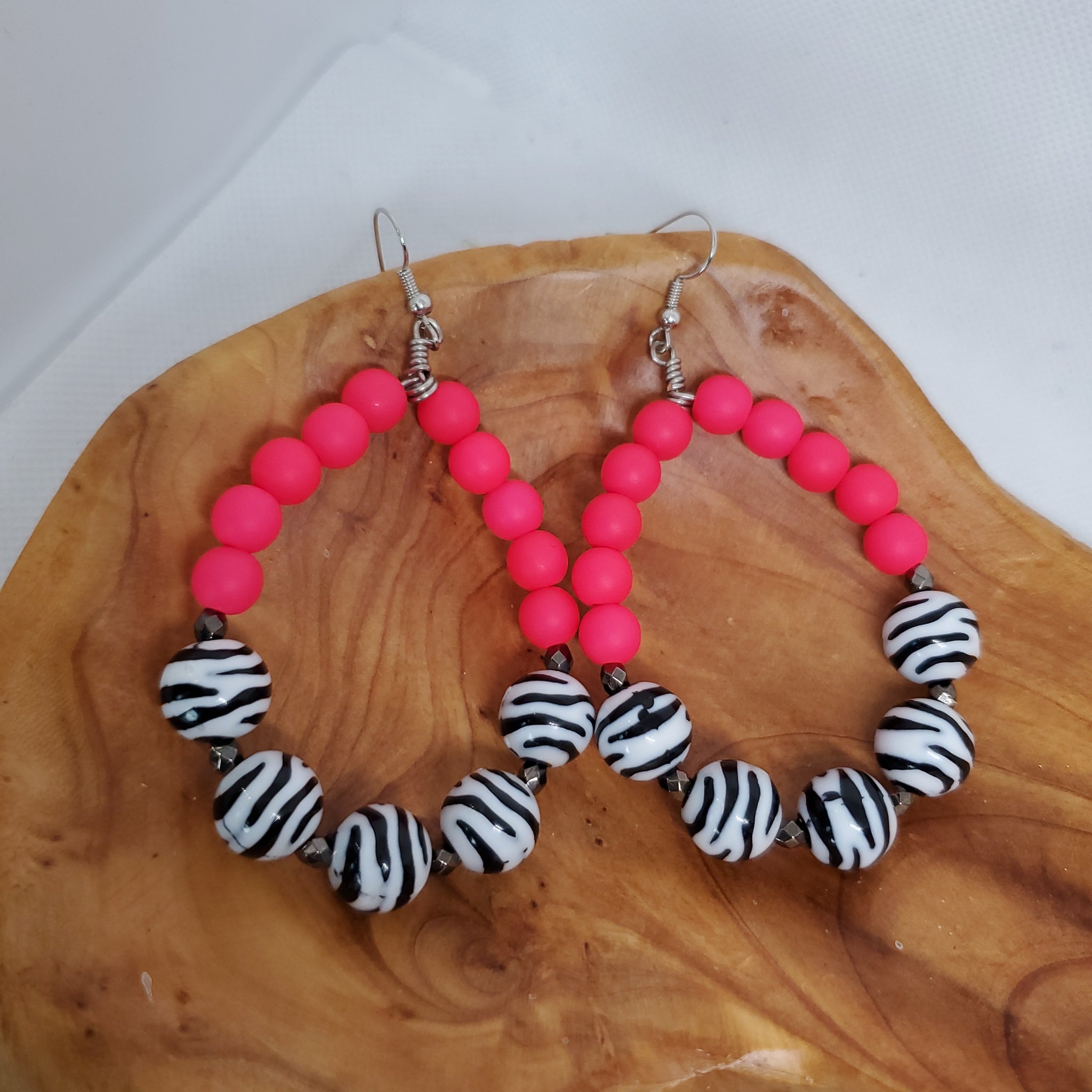 Beaded Hot Pink Zebra Loop Earrings