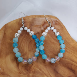 Beaded Blue Crackle Glass Loop Earrings