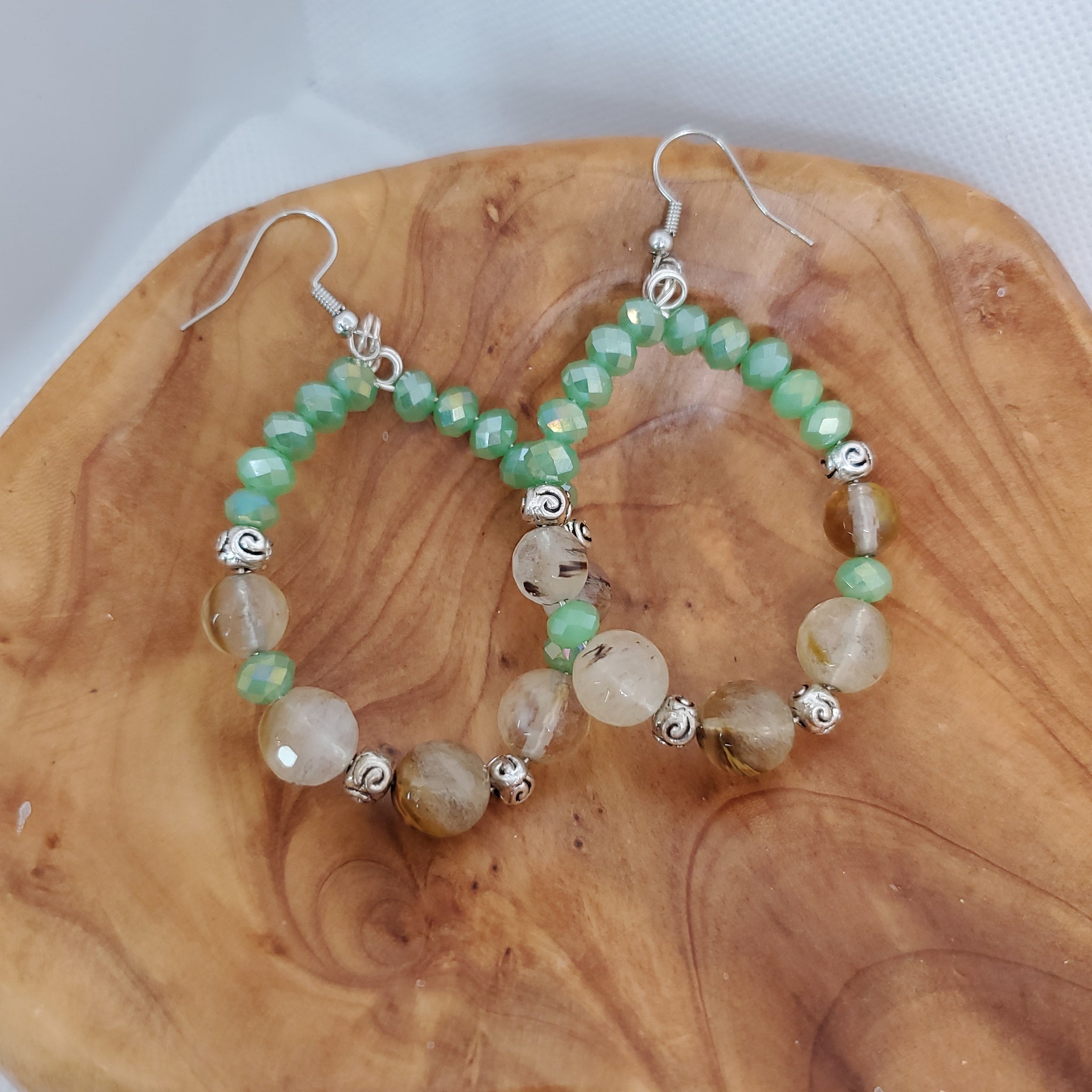 Green Brown Clear Round Bead Earrings