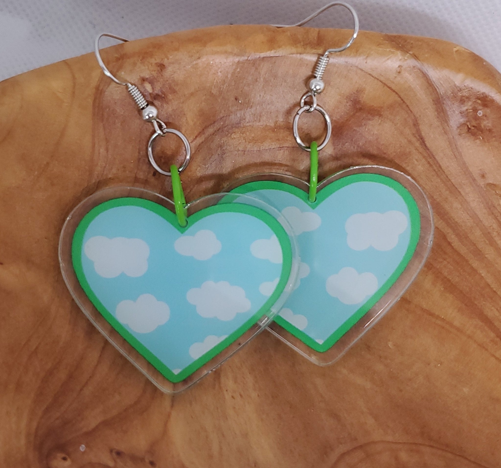 Lightweight Green Hearts with Clouds Acrylic Earrings