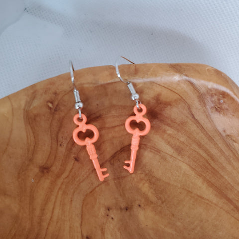 Neon Orange Skeleton Key Earrings