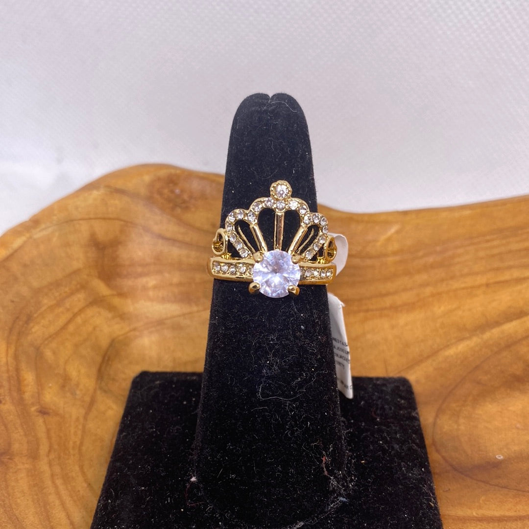 Gold Tone Hearts Rhinestones Crown Ring