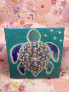 Rhinestone Sea Blue Turtle Square Magnet