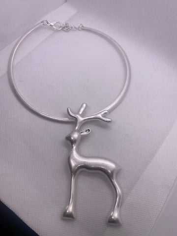 Silver Tone Reindeer Choker Length Necklace