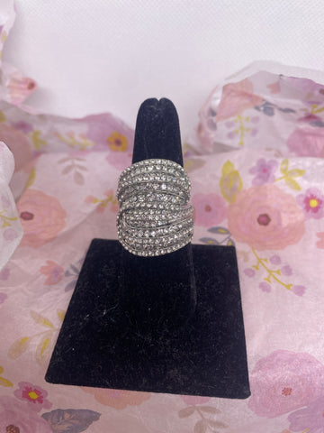 Silver Tone Small Crystal Stretch Ring