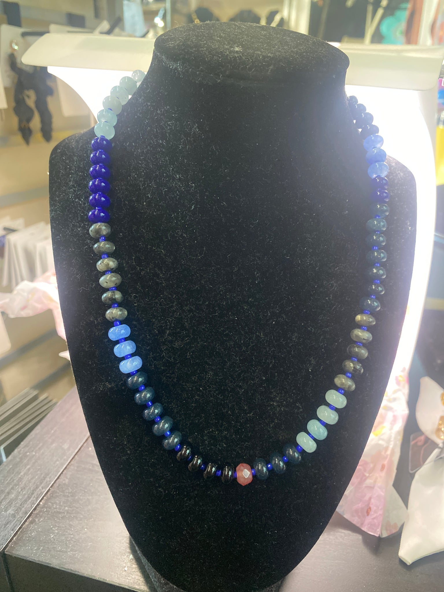 16 inch Beaded Rondelle Shape Blue Black Candy Necklace