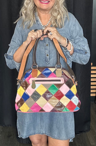 Genuine Leather Multi Color Patchwork Tall Satchel Handbag Purse