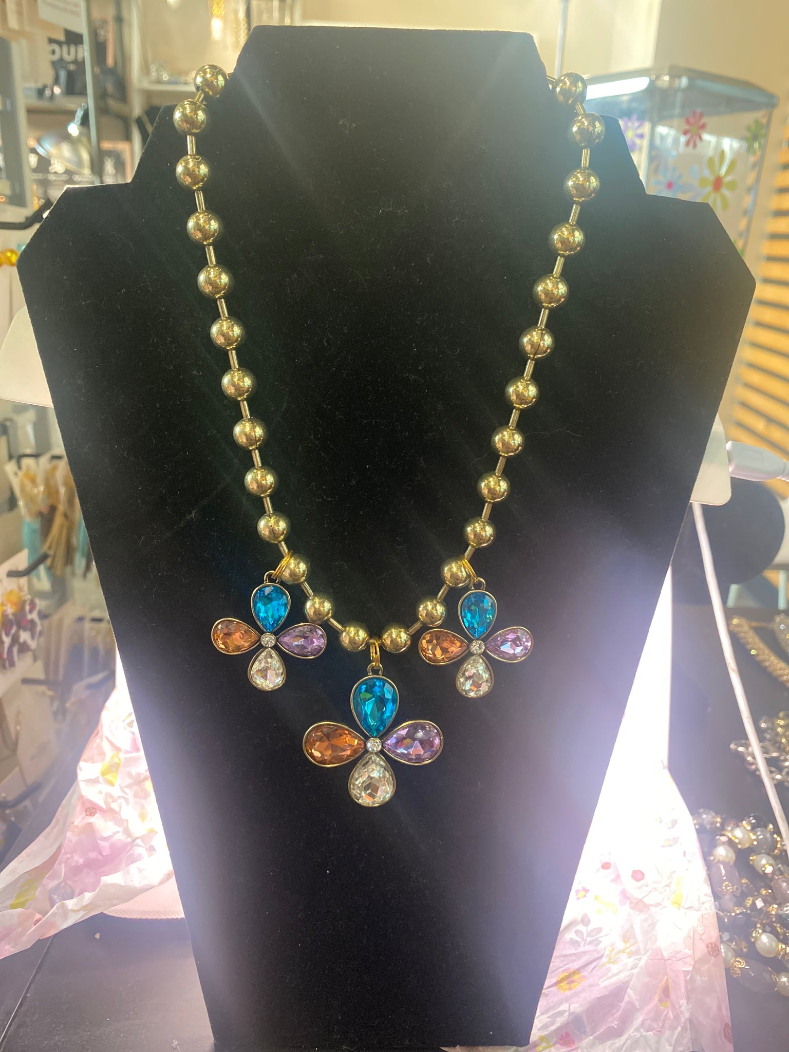 Custom Gold Ball Choker Style Three Daisy Flower Necklace w Clear Blue Purple Yellow