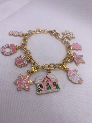 Pink Christmas Charm Bracelet includes 9 Charms