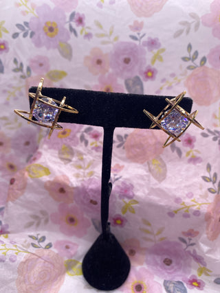 3 Carat CZ Crystal Earrings w Gold Tone Accents